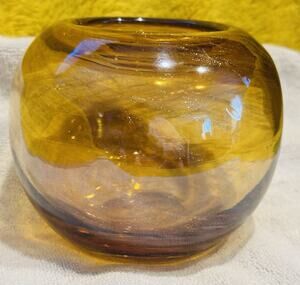 Hand Blown Art Glass Vase Amber Brown w/ Gold Glitter Glaze